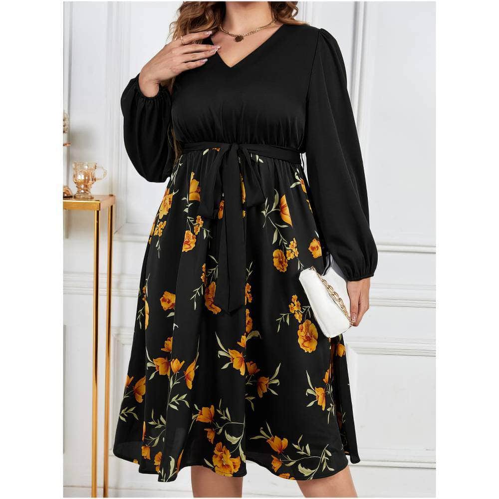 Plus Size Lantern Sleeves V-neck Sash Waist Floral Print Dress