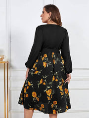 Plus Size Lantern Sleeves V-neck Sash Waist Floral Print Dress