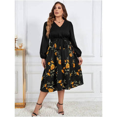 Plus Size Lantern Sleeves V-neck Sash Waist Floral Print Dress