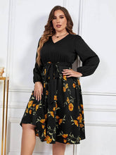 Plus Size Lantern Sleeves V-neck Sash Waist Floral Print Dress US 16-18 / Black