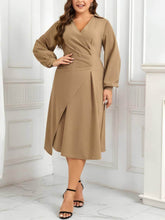 Plus Size Lantern Sleeves Wrapped Hem Dress US 16-18 / Tan