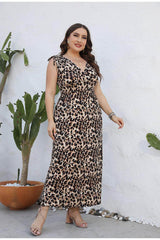 Plus Size Leopard Print Sleeveless Tiered Drawstring Dress