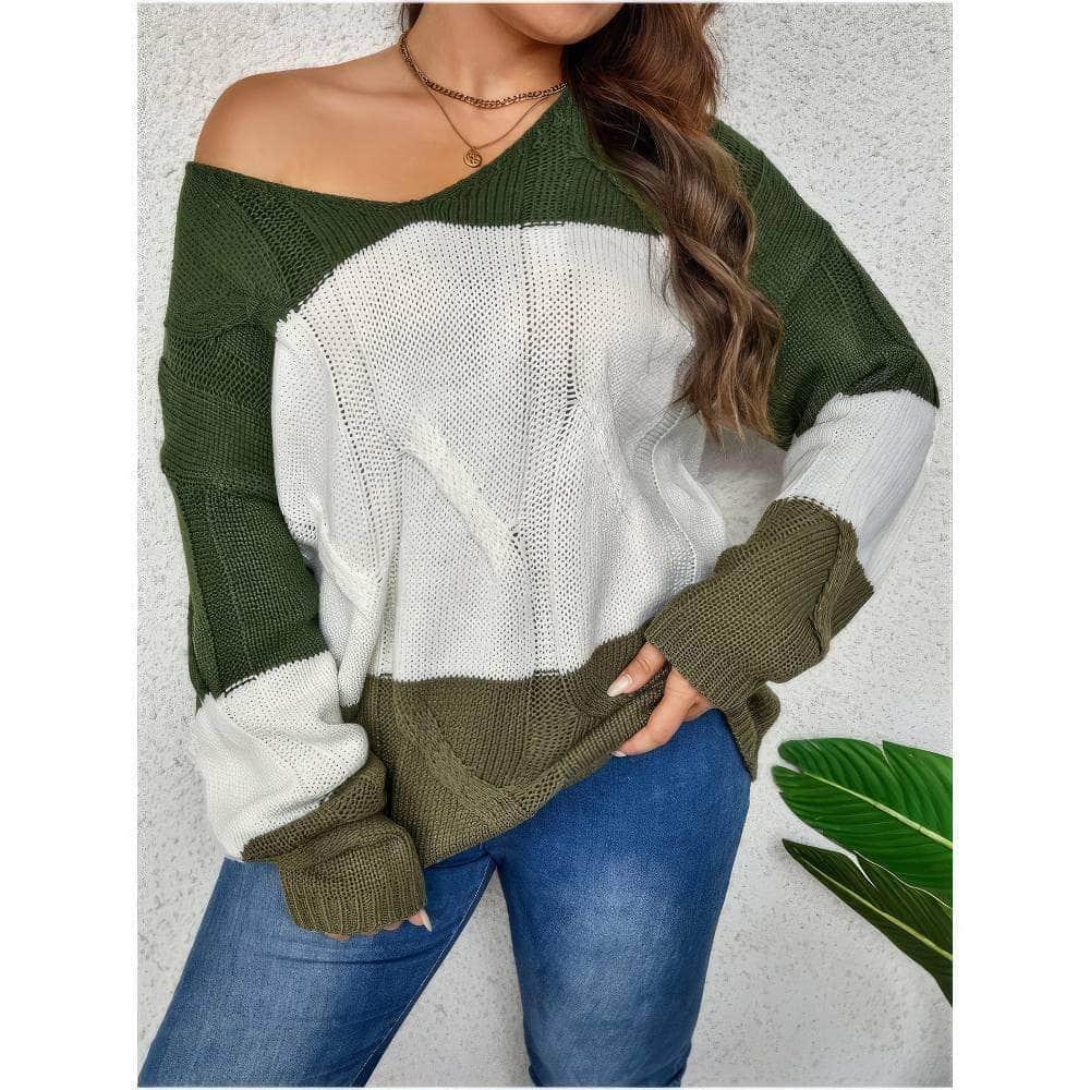 Plus Size Long Sleeves Color Block Knitted Sweater Top
