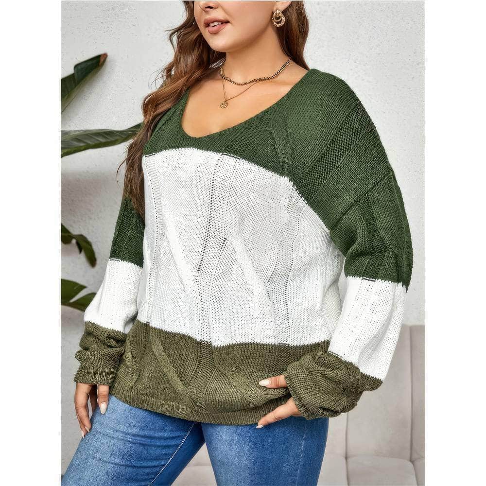 Plus Size Long Sleeves Color Block Knitted Sweater Top