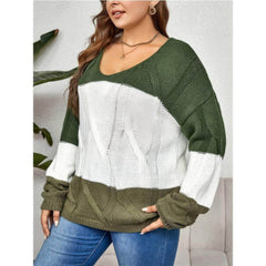 Plus Size Long Sleeves Color Block Knitted Sweater Top