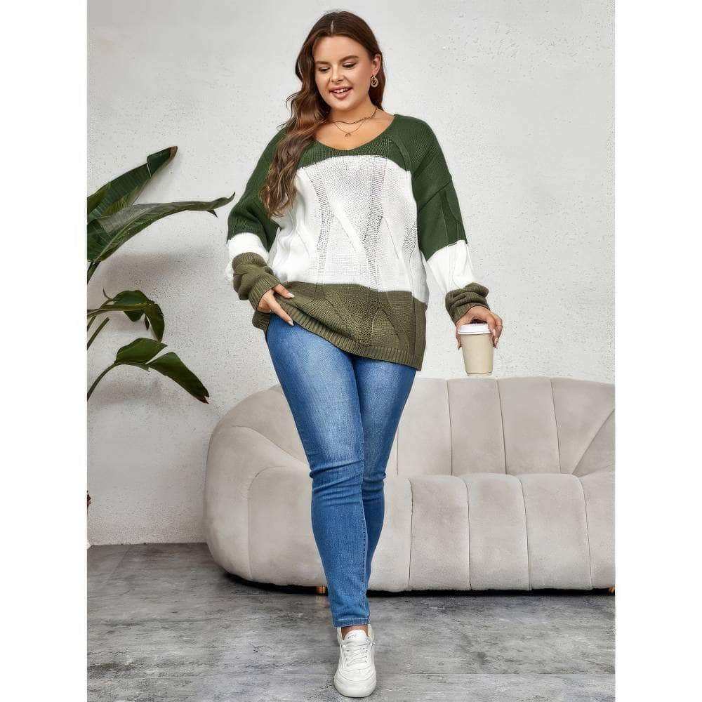 Plus Size Long Sleeves Color Block Knitted Sweater Top