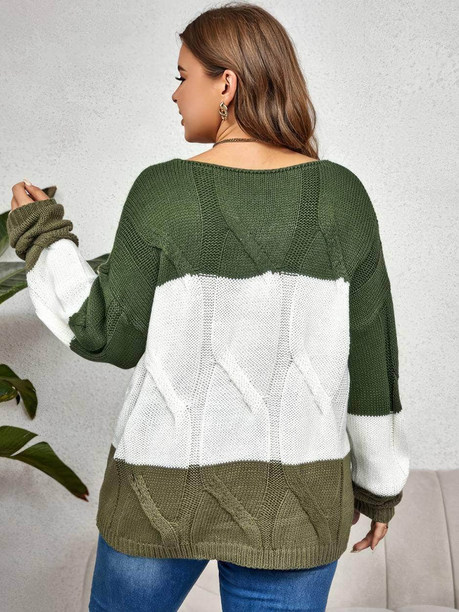 Plus Size Long Sleeves Color Block Knitted Sweater Top