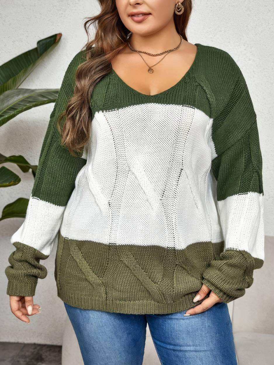 Plus Size Long Sleeves Color Block Knitted Sweater Top US 16-18 / Green