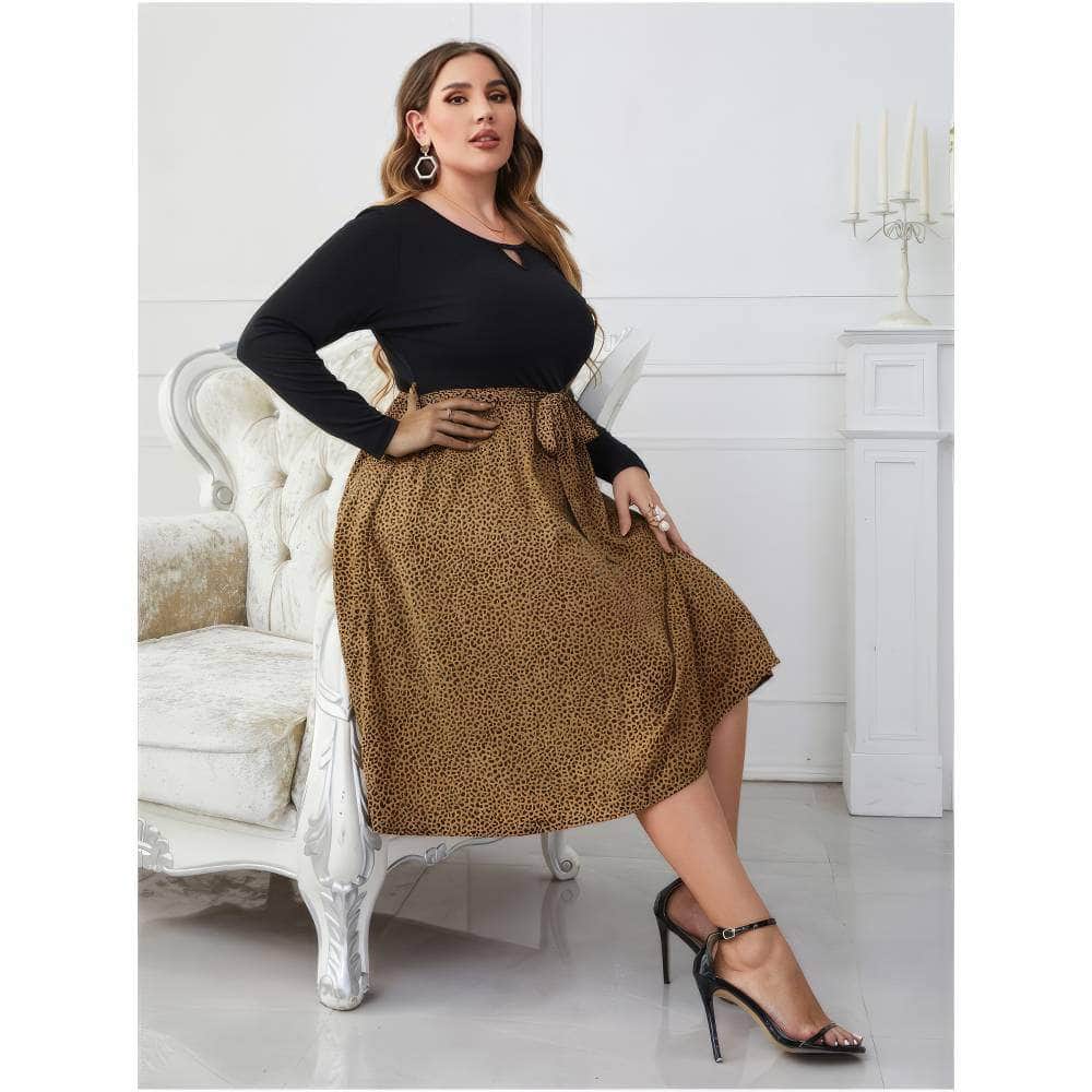 Plus Size Long Sleeves Front Cut Out Leopard Print Dress