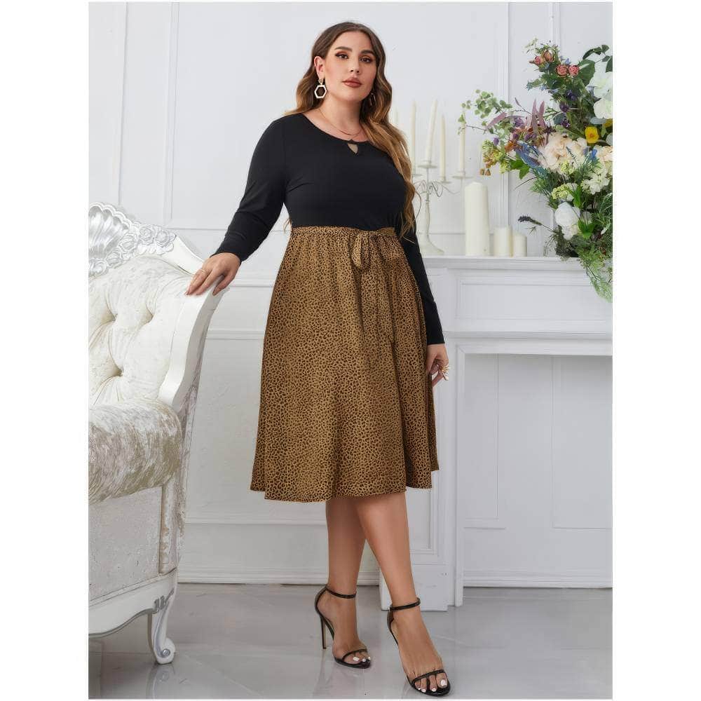 Plus Size Long Sleeves Front Cut Out Leopard Print Dress