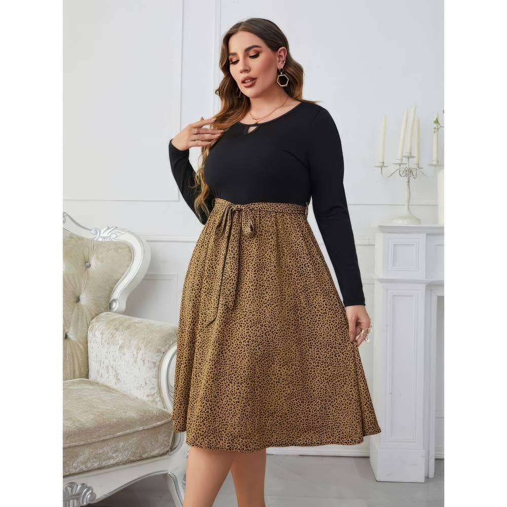 Plus Size Long Sleeves Front Cut Out Leopard Print Dress