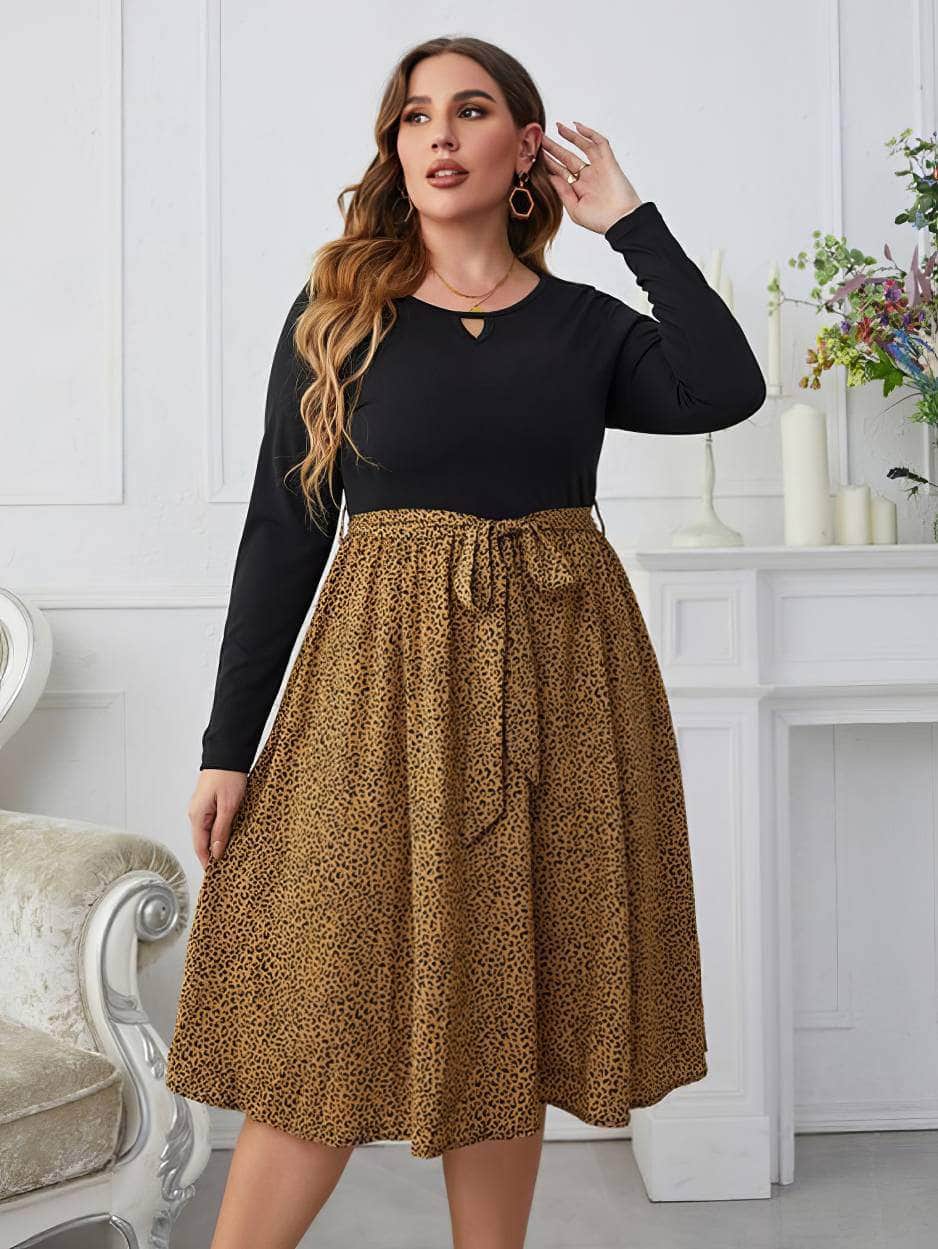 Plus Size Long Sleeves Front Cut Out Leopard Print Dress US 16-18 / Black