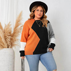 Plus Size Long Sleeves Loose Fit Multicolor Patchwork Sweater Shirt