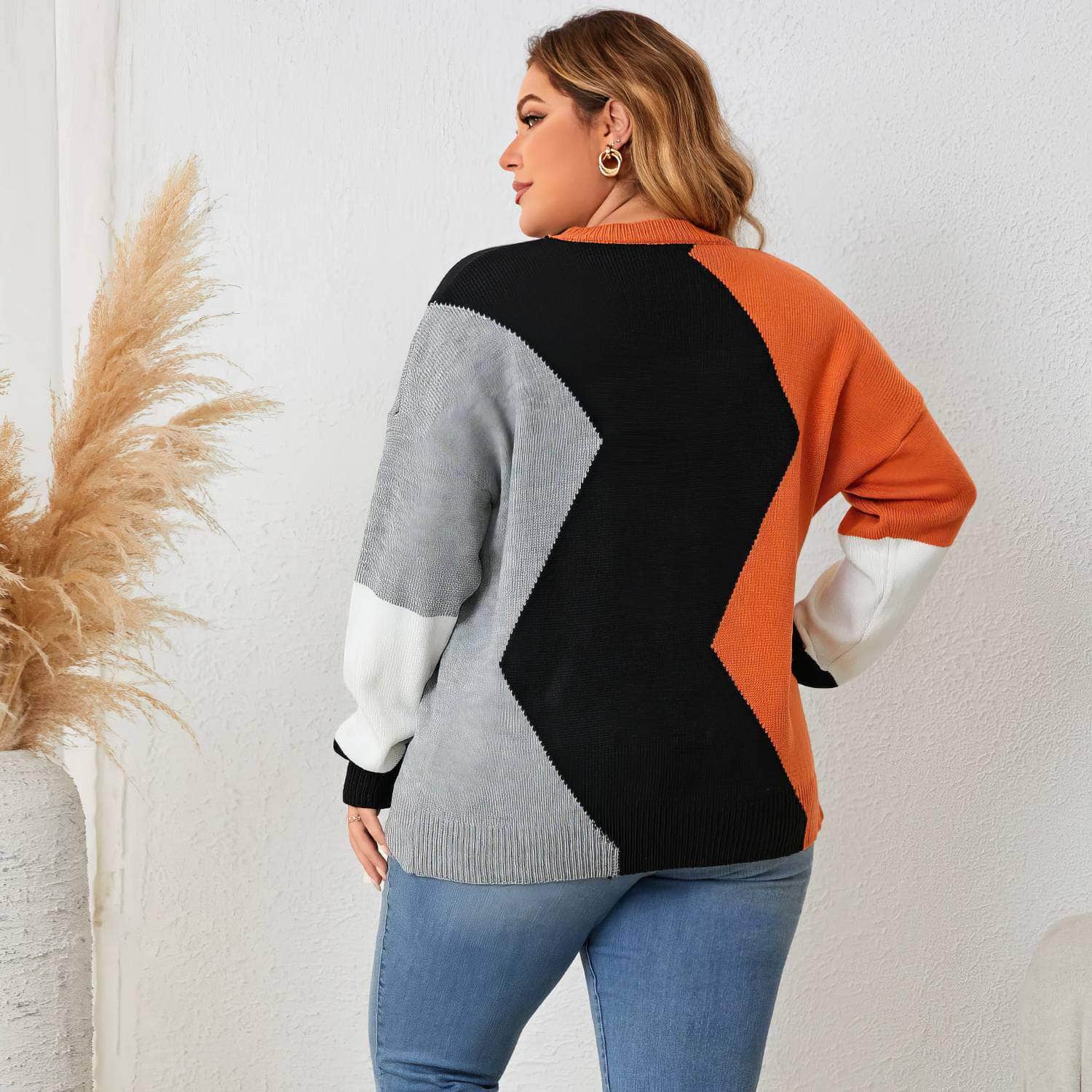 Plus Size Long Sleeves Loose Fit Multicolor Patchwork Sweater Shirt
