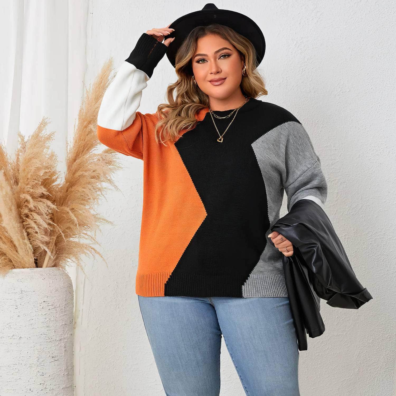 Plus Size Long Sleeves Loose Fit Multicolor Patchwork Sweater Shirt