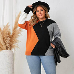 Plus Size Long Sleeves Loose Fit Multicolor Patchwork Sweater Shirt