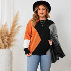 Plus Size Long Sleeves Loose Fit Multicolor Patchwork Sweater Shirt