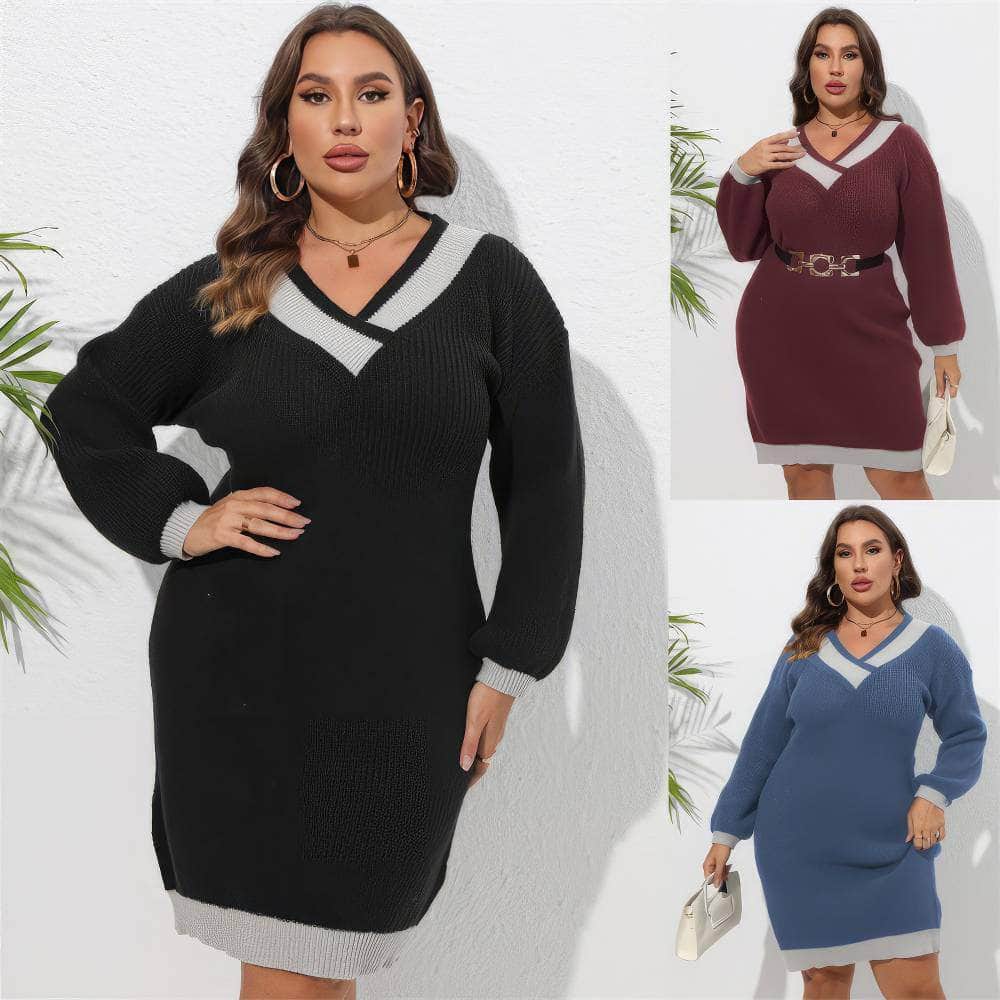 Plus Size Long Sleeves Rib Knitted Two-Toned Midi Sweater Dress