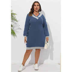 Plus Size Long Sleeves Rib Knitted Two-Toned Midi Sweater Dress