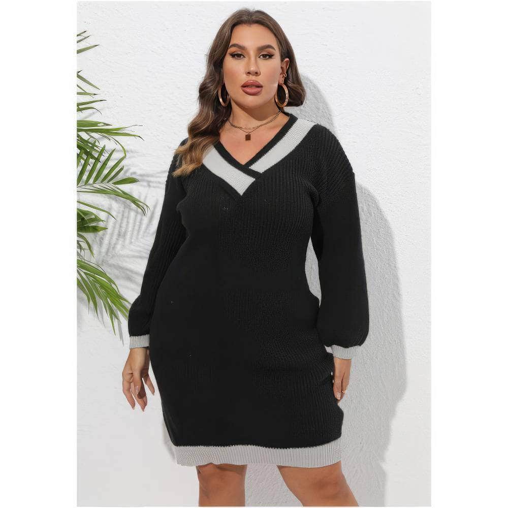 Plus Size Long Sleeves Rib Knitted Two-Toned Midi Sweater Dress