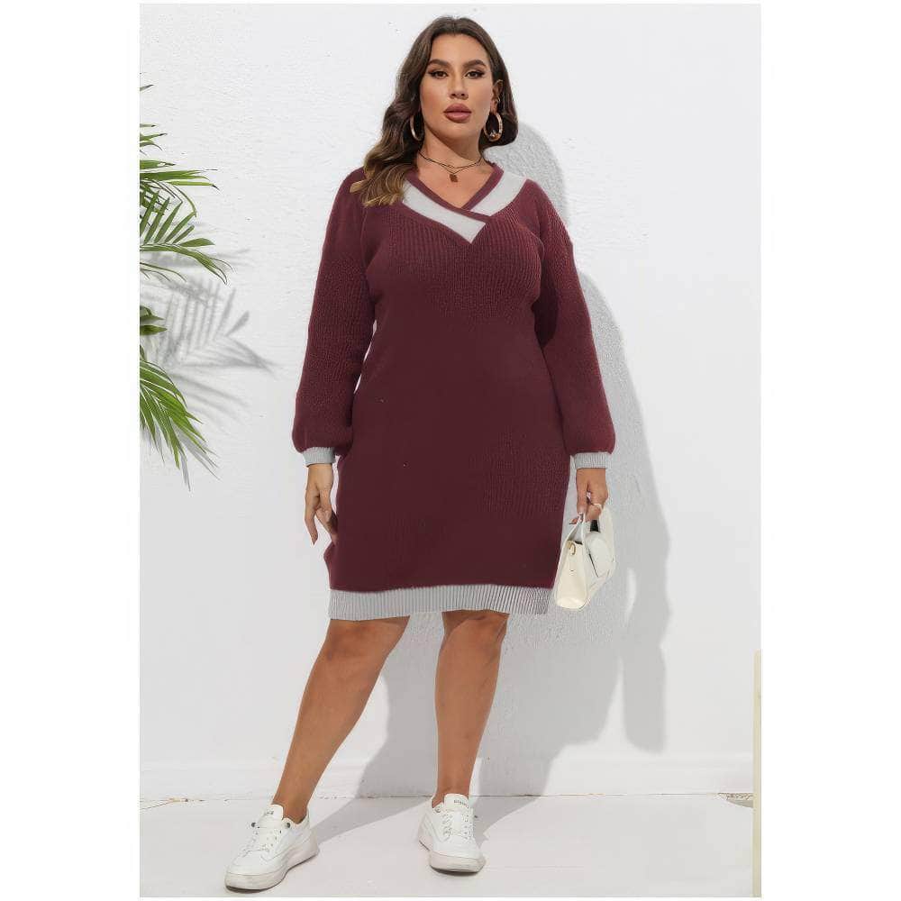 Plus Size Long Sleeves Rib Knitted Two-Toned Midi Sweater Dress