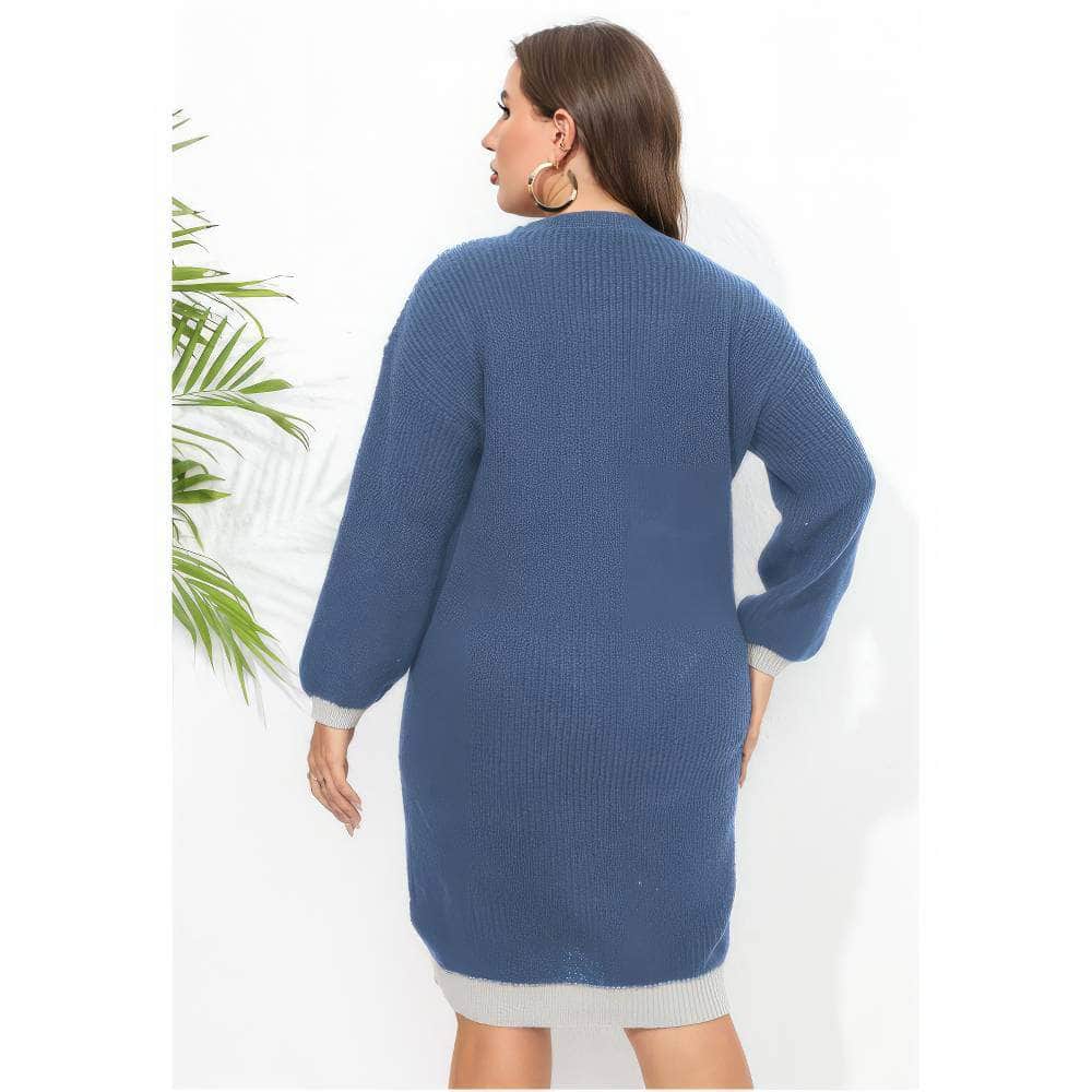 Plus Size Long Sleeves Rib Knitted Two-Toned Midi Sweater Dress