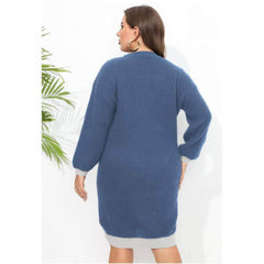 Plus Size Long Sleeves Rib Knitted Two-Toned Midi Sweater Dress