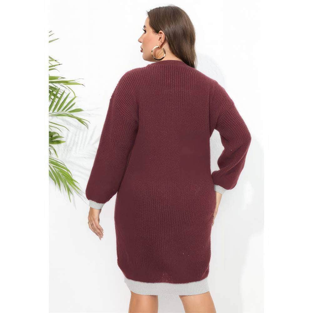 Plus Size Long Sleeves Rib Knitted Two-Toned Midi Sweater Dress
