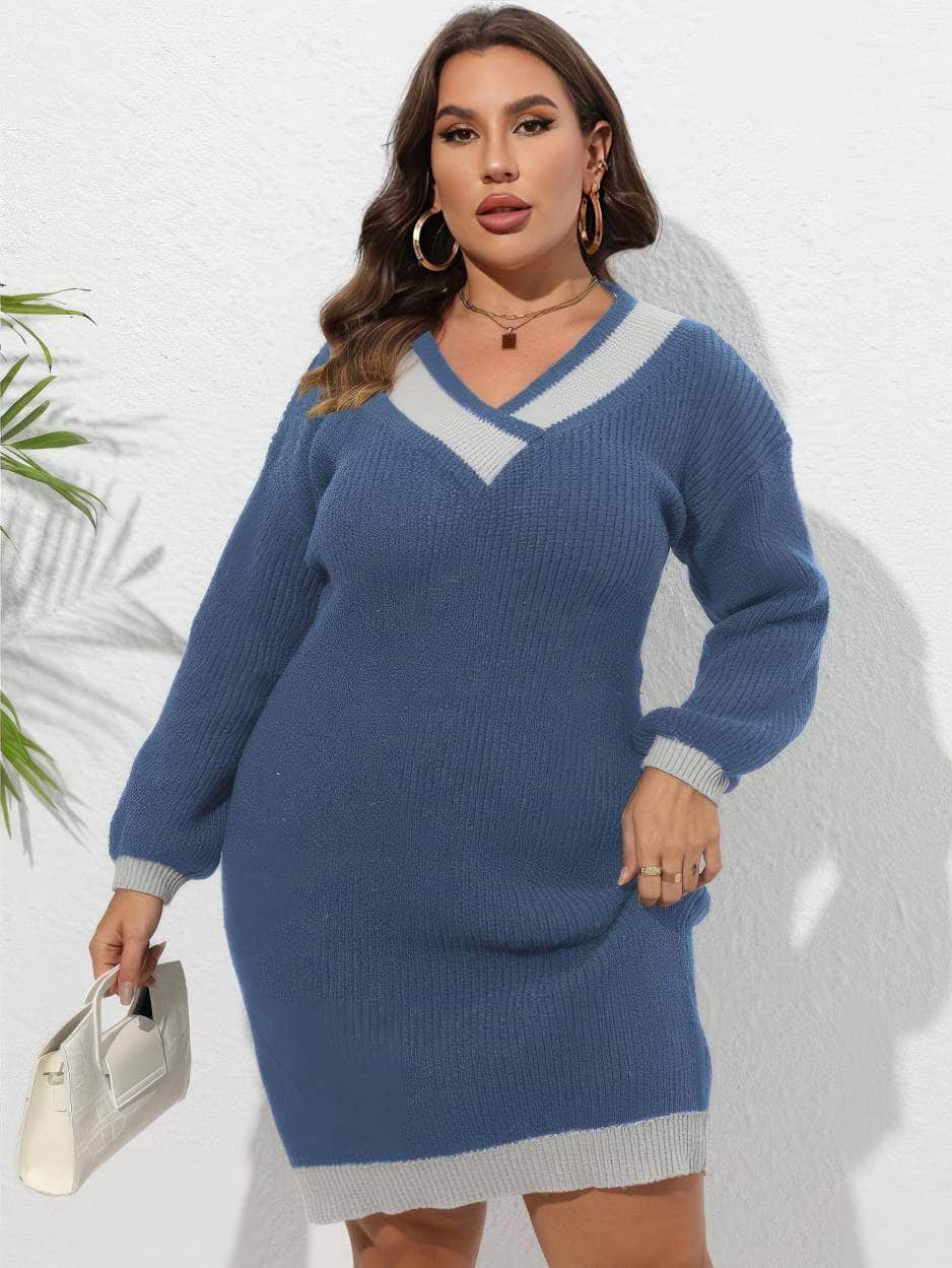 Plus Size Long Sleeves Rib Knitted Two-Toned Midi Sweater Dress US 16-18 / Blue