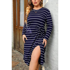 Plus Size Long Sleeves Striped Side Knot Rib Knit Dress
