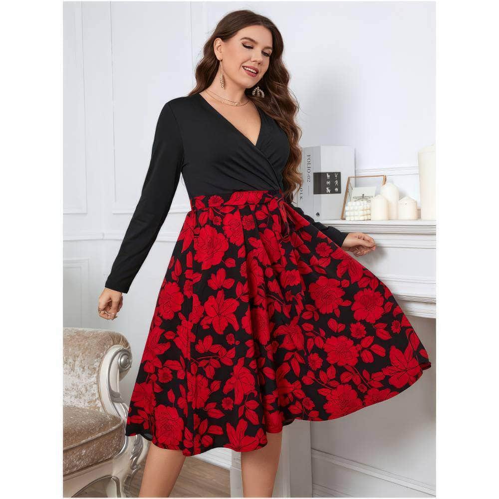 Plus Size Long Sleeves Surplice Neck Floral Hem Dress