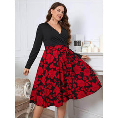 Plus Size Long Sleeves Surplice Neck Floral Hem Dress