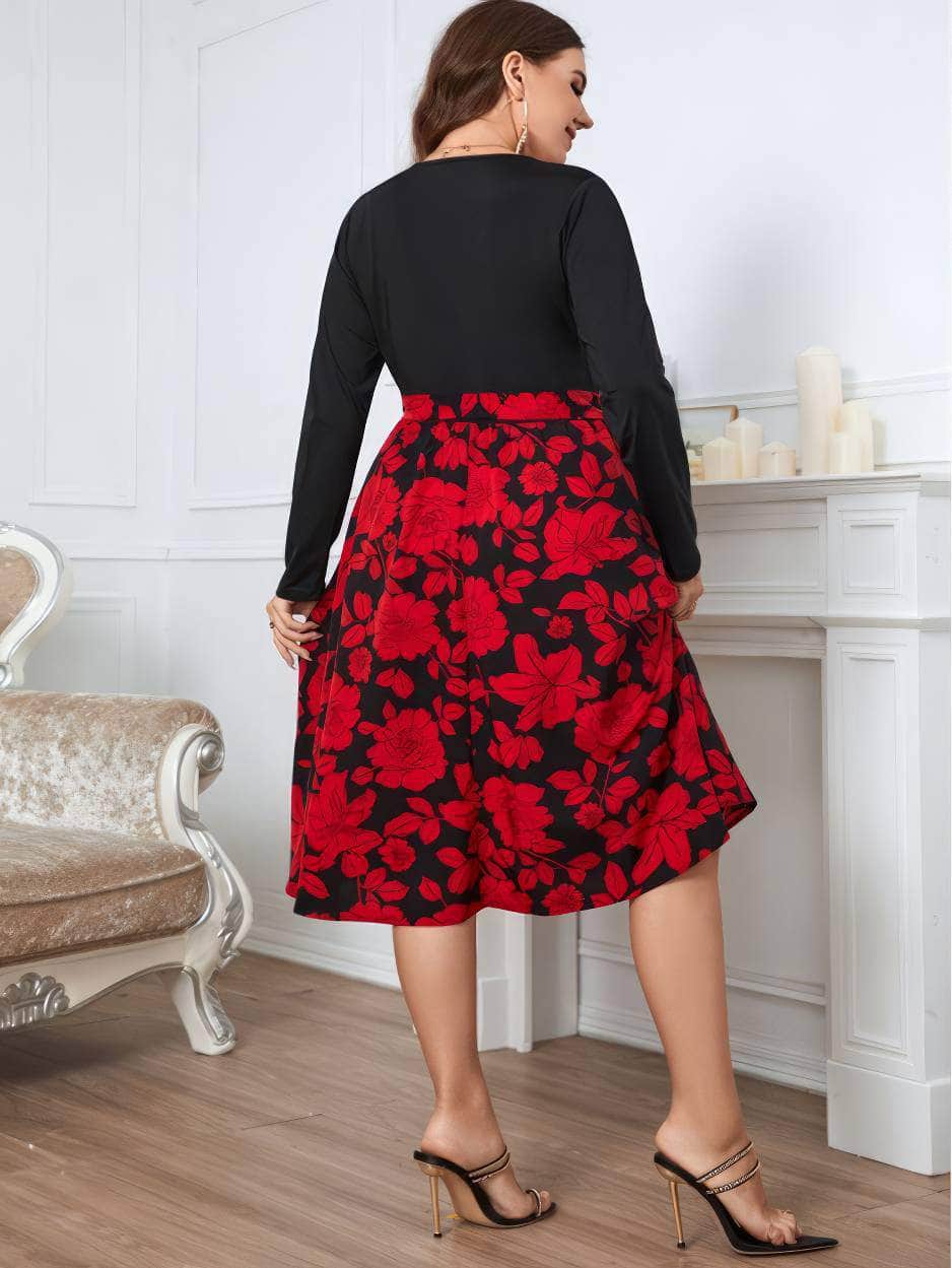 Plus Size Long Sleeves Surplice Neck Floral Hem Dress