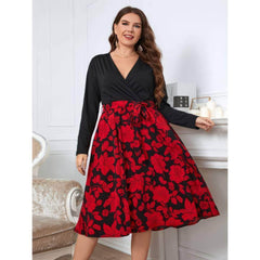 Plus Size Long Sleeves Surplice Neck Floral Hem Dress