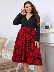 Plus Size Long Sleeves Surplice Neck Floral Hem Dress US 16-18 / DarkRed