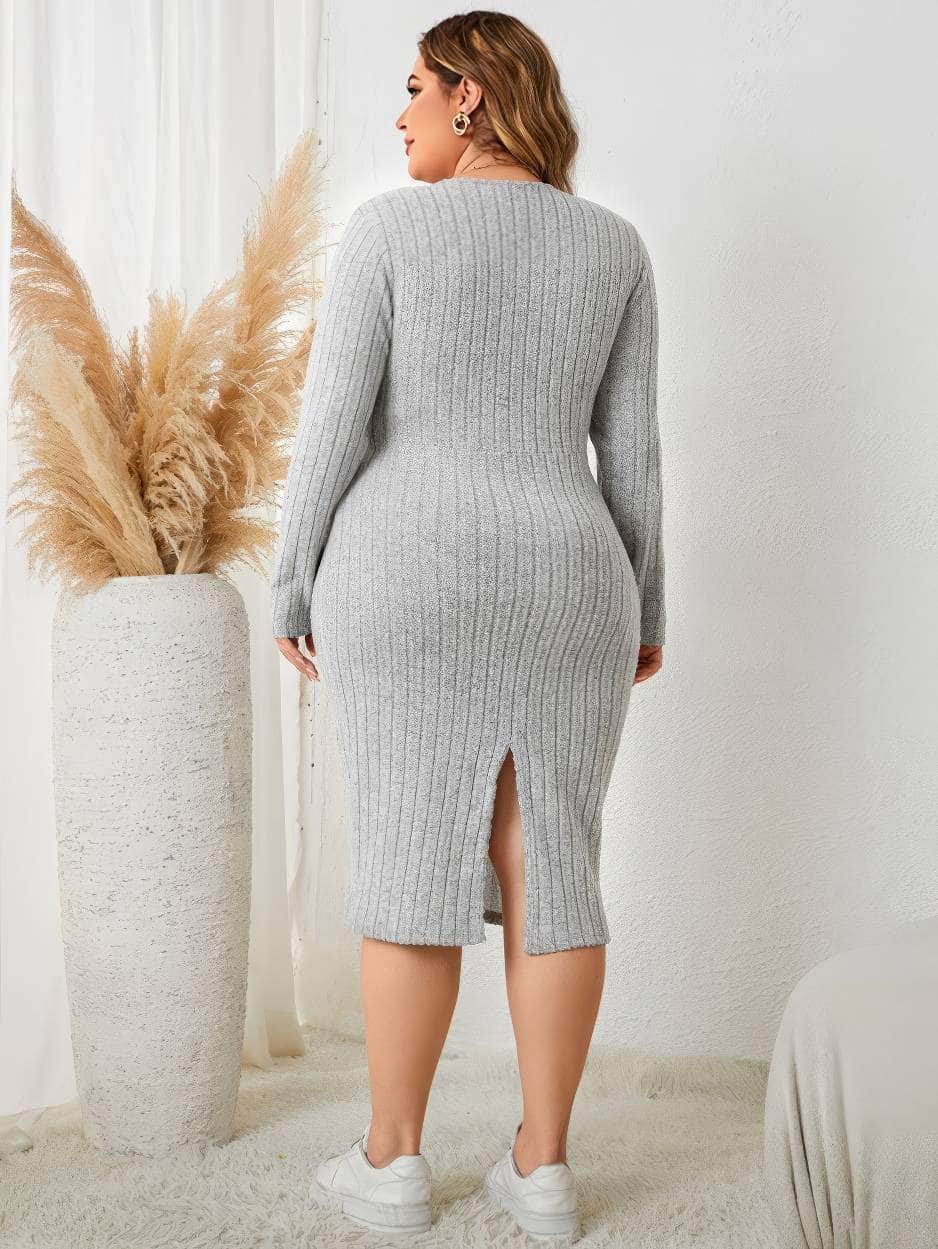 Plus Size Long Sleeves Surplice Neck Knot Side Dress