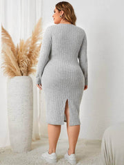 Plus Size Long Sleeves Surplice Neck Knot Side Dress