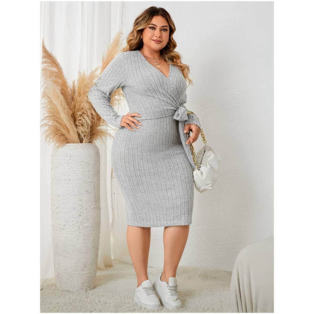 Plus Size Long Sleeves Surplice Neck Knot Side Dress