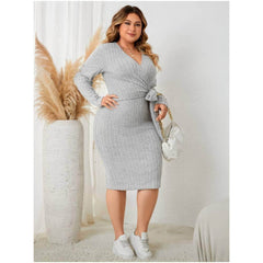 Plus Size Long Sleeves Surplice Neck Knot Side Dress
