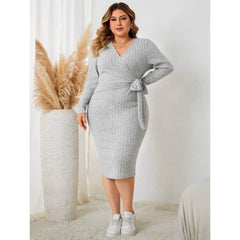 Plus Size Long Sleeves Surplice Neck Knot Side Dress