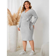 Plus Size Long Sleeves Surplice Neck Knot Side Dress