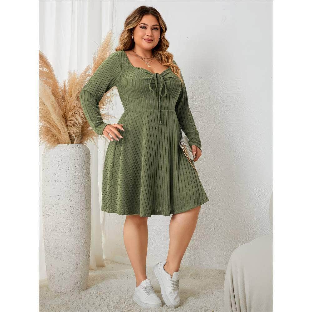 Plus Size Long Sleeves Sweetheart Neck Rib Knit A-line Dress