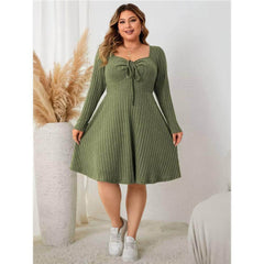 Plus Size Long Sleeves Sweetheart Neck Rib Knit A-line Dress