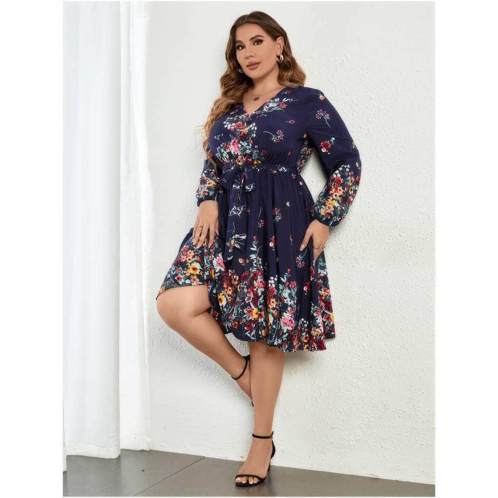 Plus Size Long Sleeves V-neck Floral A-line Dress