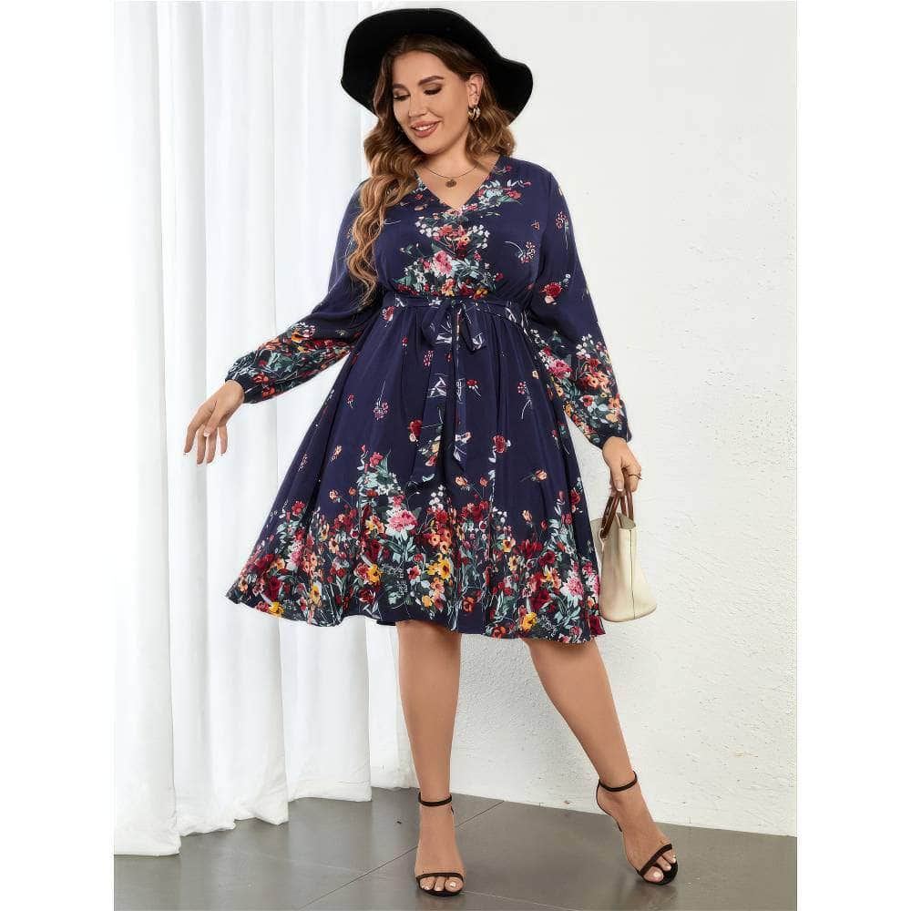Plus Size Long Sleeves V-neck Floral A-line Dress
