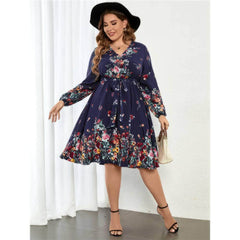 Plus Size Long Sleeves V-neck Floral A-line Dress
