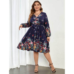 Plus Size Long Sleeves V-neck Floral A-line Dress