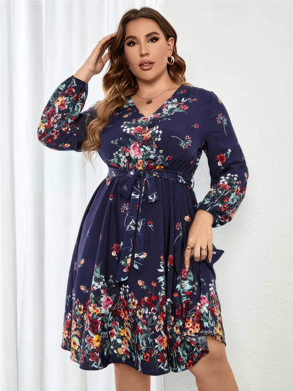 Plus Size Long Sleeves V-neck Floral A-line Dress US 16-18 / Navy