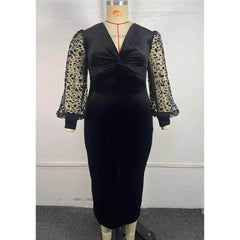 Plus Size Mesh Floral Sleeves Ruched V-neck Velvet Midi Dress
