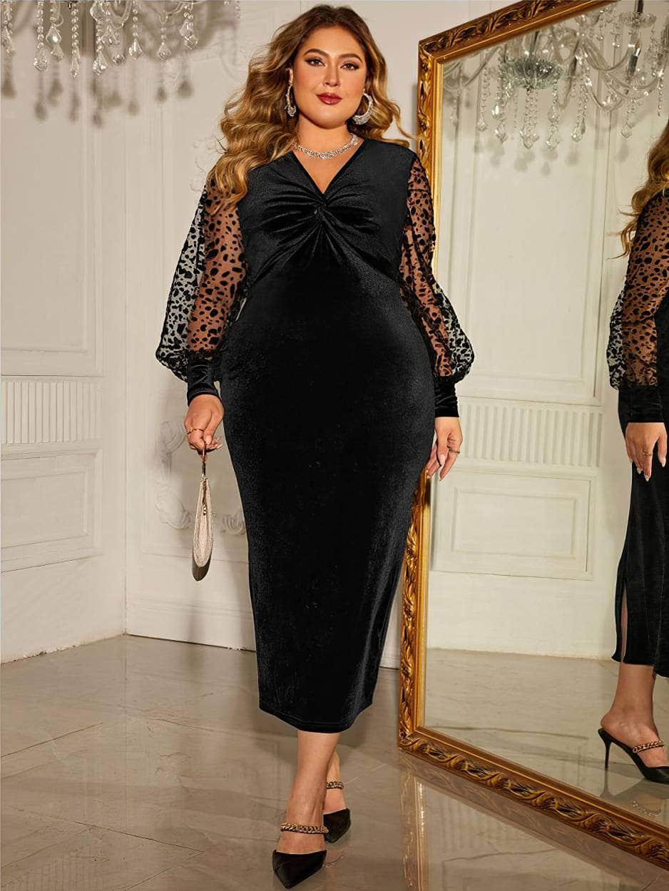 Plus Size Mesh Floral Sleeves Ruched V-neck Velvet Midi Dress US 16-18 / Black